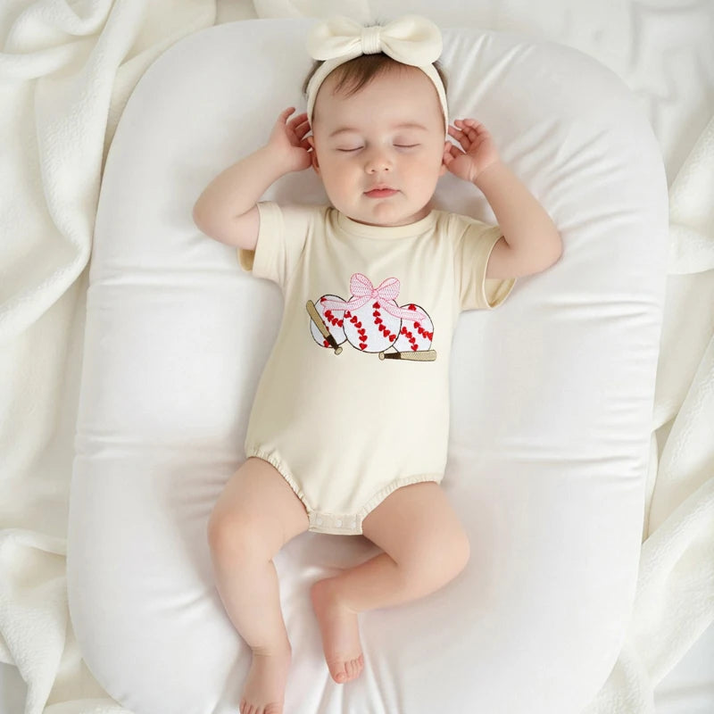 Baby Girls Boys Summer Romper Short Sleeve Round Neck Bow Baseball Embroidery Bodysuit Jumpsuit Babygrow