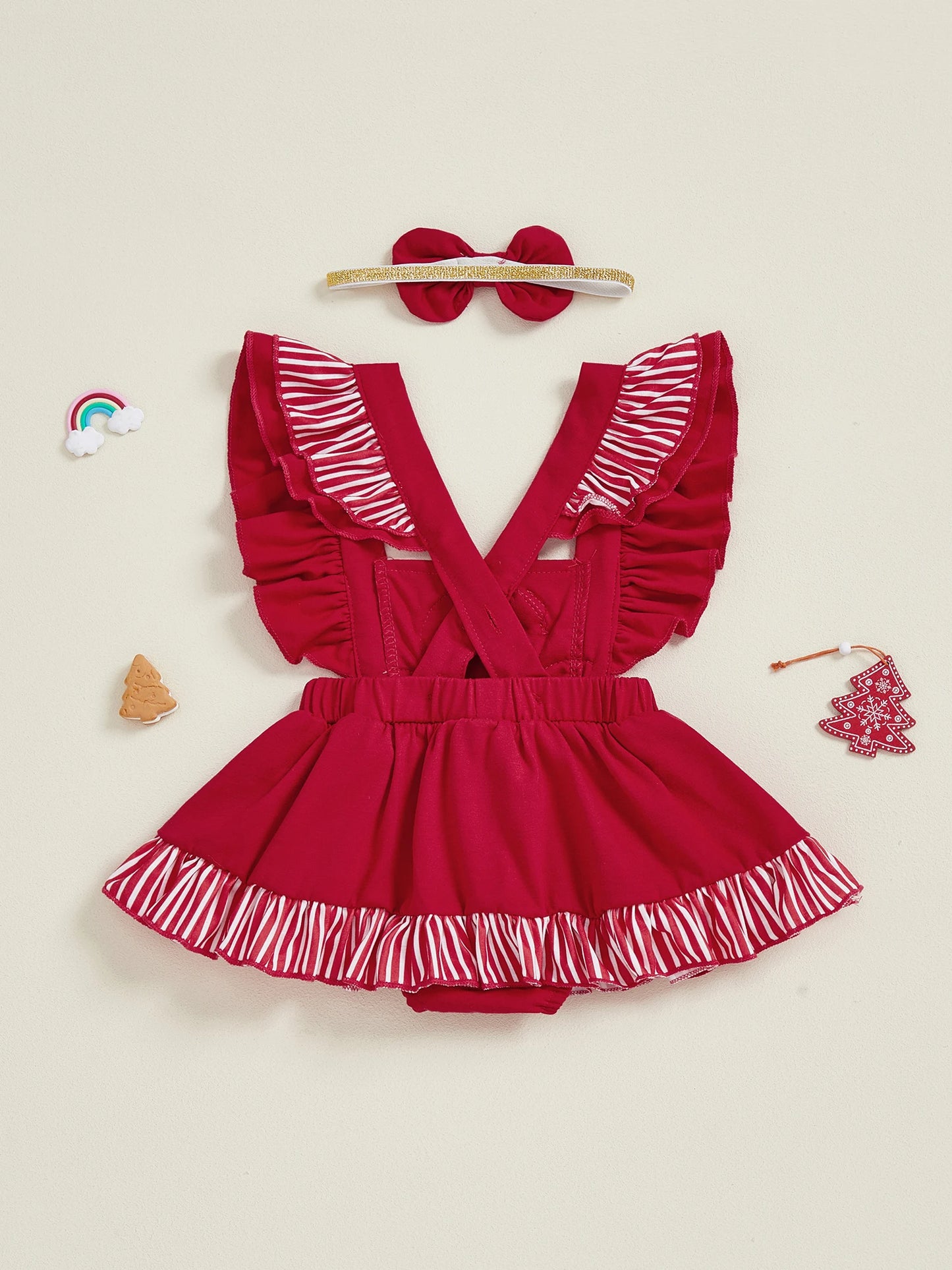 Baby Girls Christmas Romper Dress - Gingerbread Man Flying Sleeve Jumpsuit with Bow Headband (0-18M)