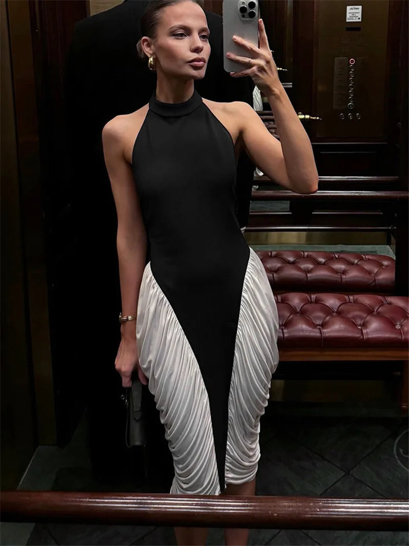 Women's Patchwork Halter Backless Midi  Contrast Color Sleeveless Pleated Long Dress