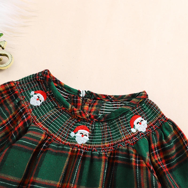 Christmas Santa Embroidery Plaid A-Line Dress - Girls Long Sleeve Festive Dress