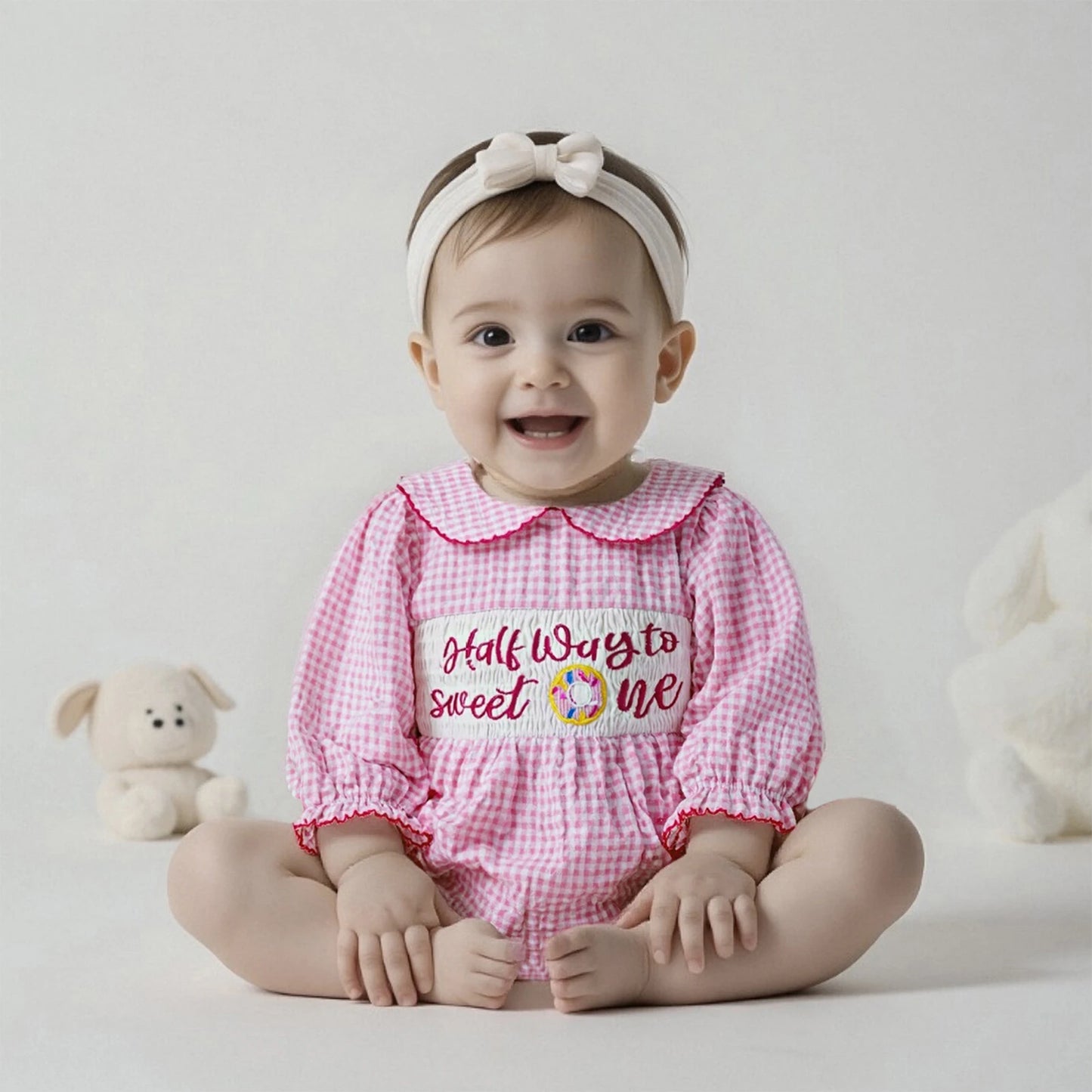 Newborn Baby Girls' Plaid Bubble Romper - Letter Embroidery Doll Collar Smocked Jumpsuit