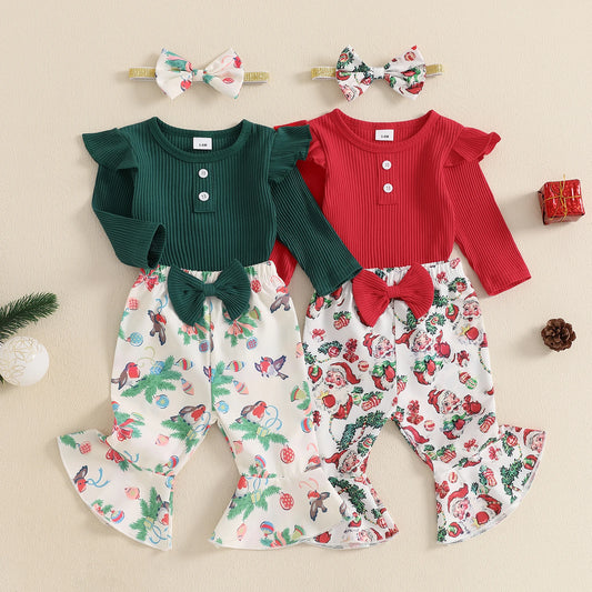 0-18M Baby Girls Christmas Clothes Set - 3pcs Long Sleeve Ribbed Romper Santa Claus Print Flared Pants Headband