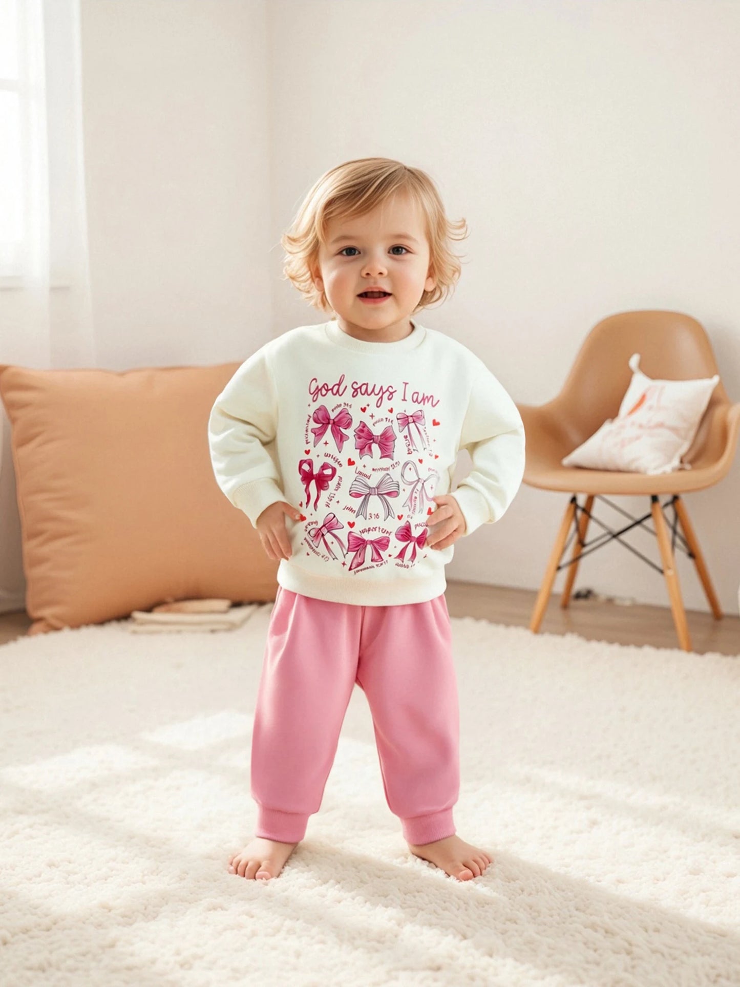 Baby Girls Fall Winter Clothes Set - Bow Letter Print Sweatshirt & Pants (0-3Y)