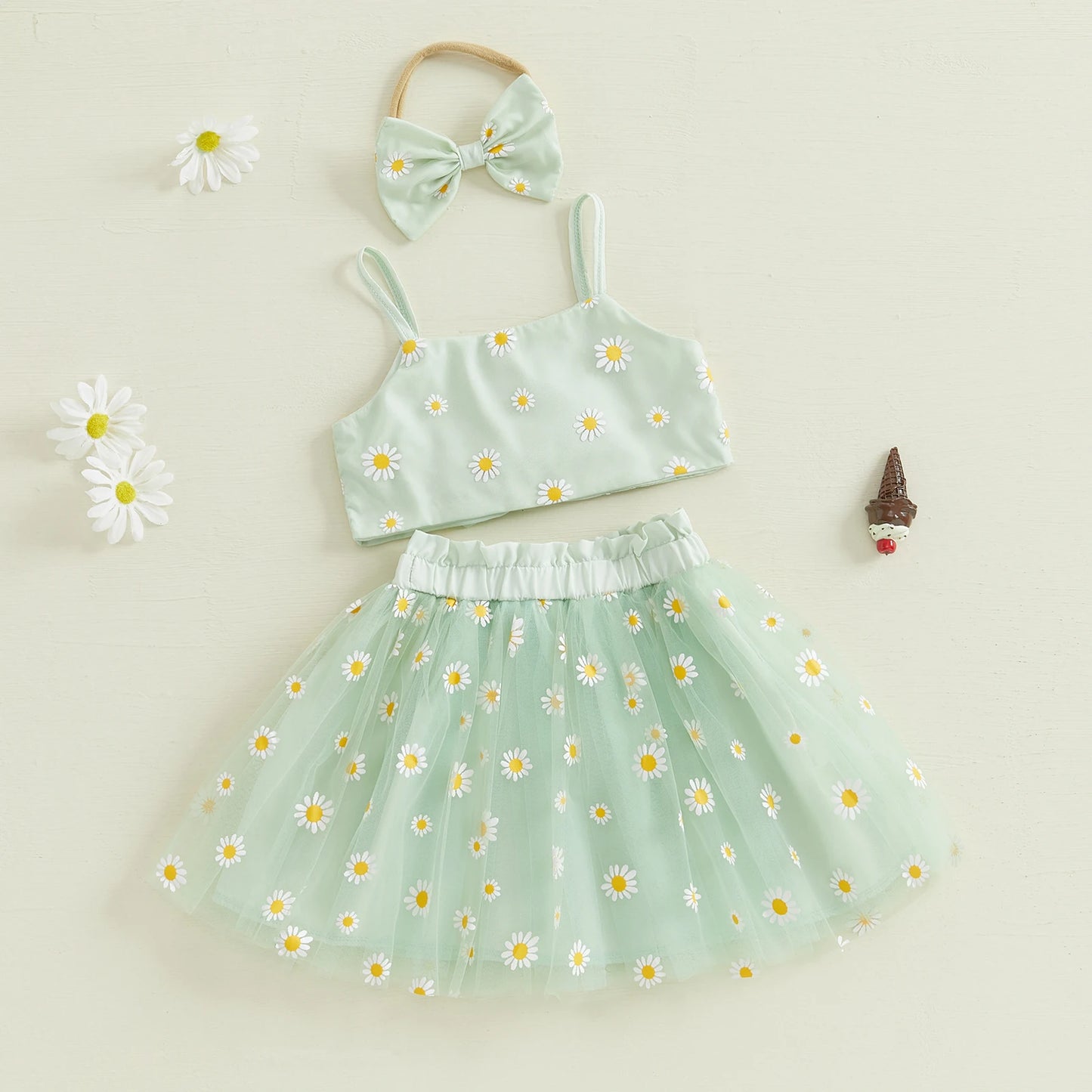 0-3Y Toddler Baby Girls Summer Clothes Sets Sunflowers Print Spaghetti Strap Top and Tulle Skirt Bow Headband