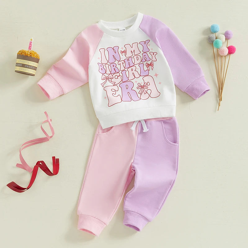 0-5Y Kids Girls Birthday Clothes Set Colour Patchwork Long Sleeve Letter Print Sweatshirt with Pants