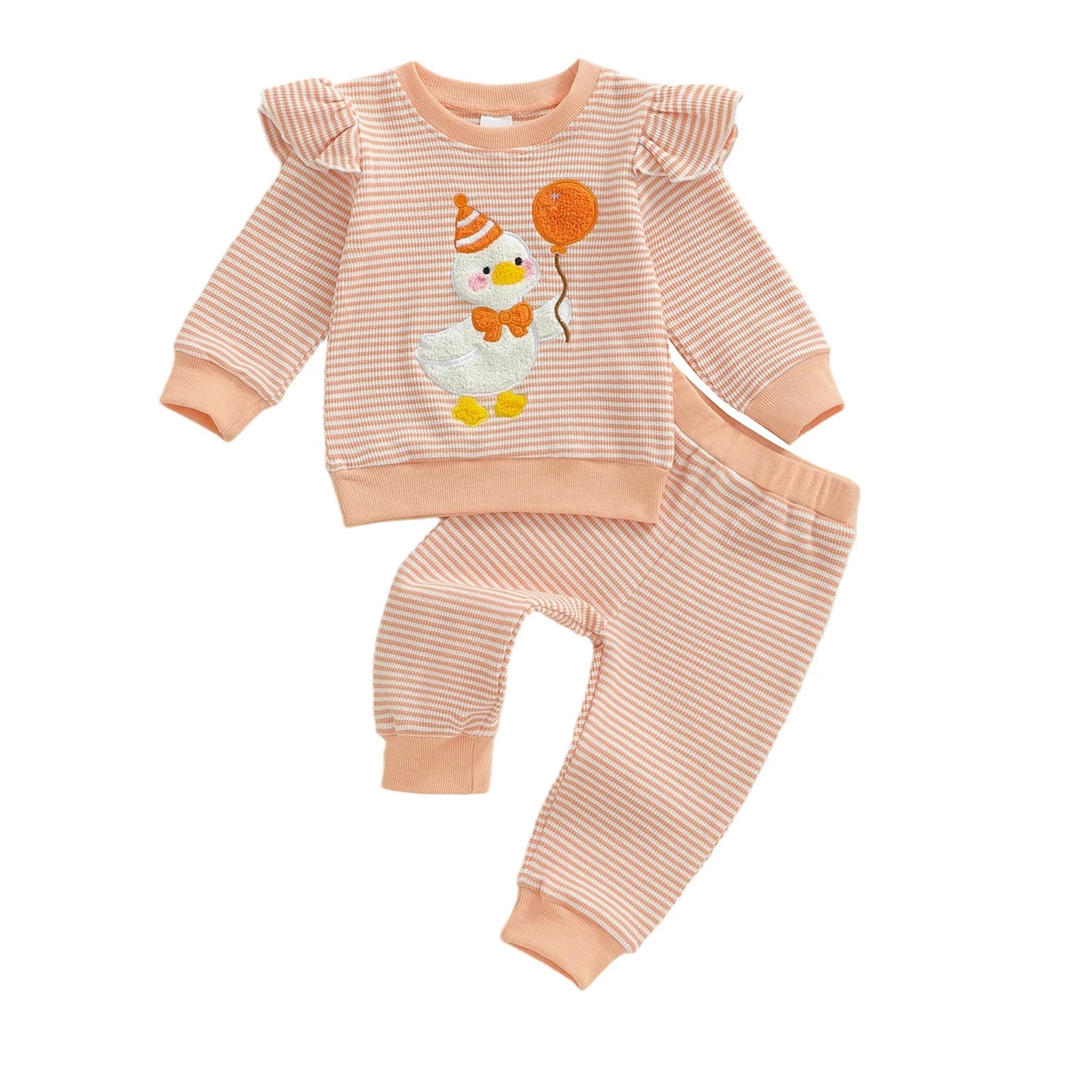 Baby Girls Goose Embroidered Striped Outfit Set (0-4Y)