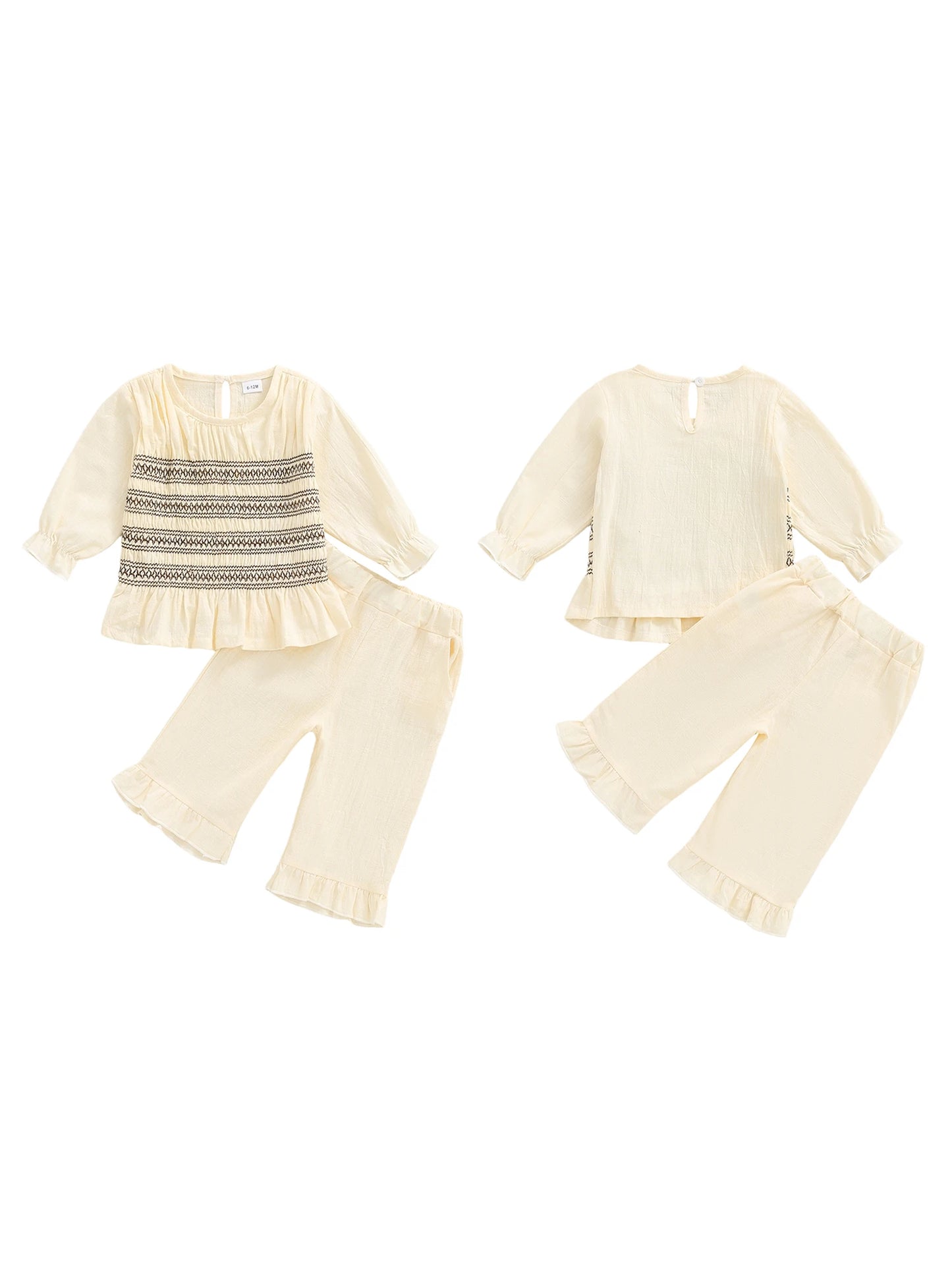 Toddler Baby Girl Fall Outfit - Smocked Long Sleeve Top & Elastic Waist Ruffle Pants Set