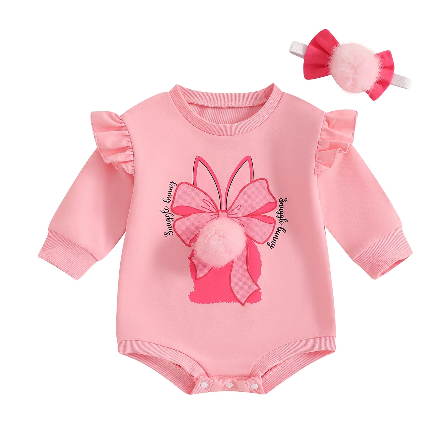 0-24M Baby Girls Easter Spring Romper Long Sleeve Rabbit Bow Print Jumpsuits with Headband