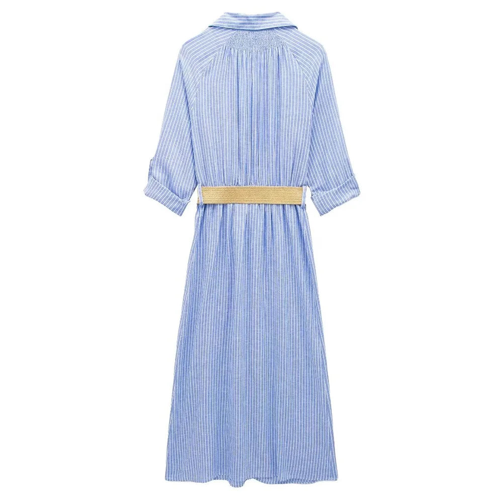 Women's Temperament Yellow Linen Belt Shirt Dress