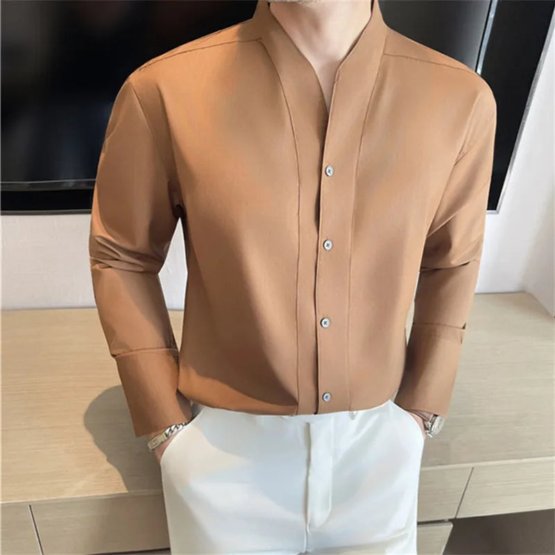 Men's Collarless French Shirt - Long Sleeve Solid Colour Casual Business Blouse for Spring Autumn