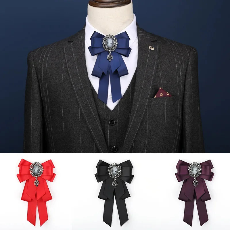 Men's Retro Handmade Fabric Bow Brooch Ribbon Rhinestone Bowknot Necktie Lapel Pins Men Suit Shirt Collar Wedding Party Jewelry Gifts