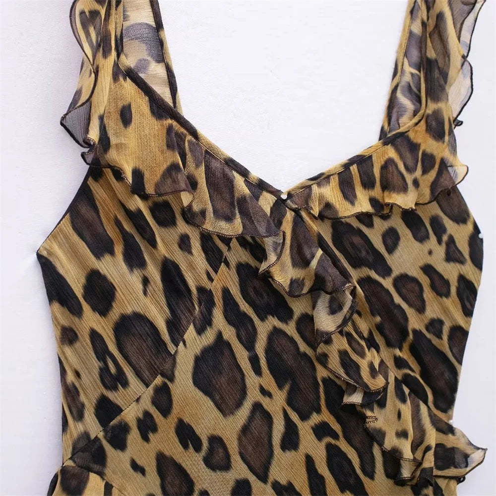 Women's Spring and Summer  Temperament Ruffle Edge Leopard Print Dress