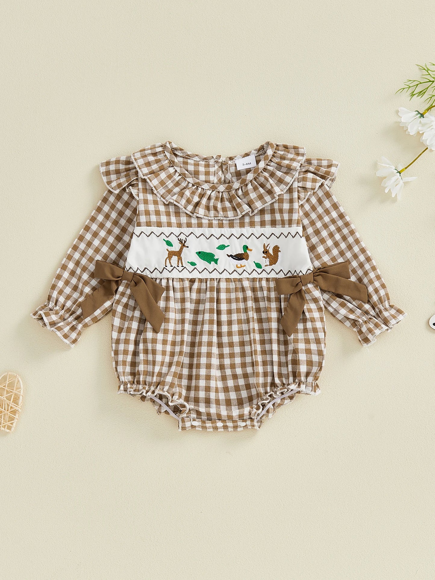 Baby Girls Boys Autumn Winter Plaid Long Sleeve Ruffle Collar Animal Embroidery Romper