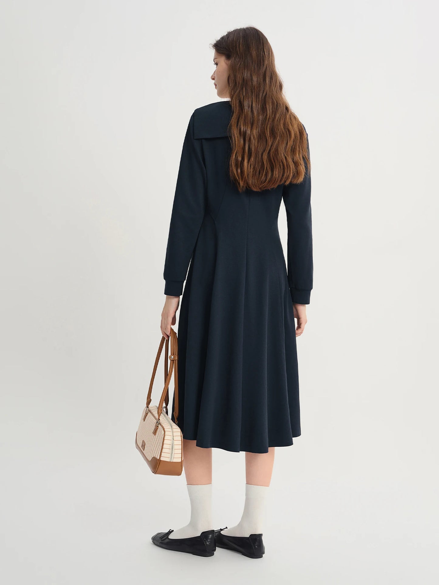 College Style Contrasting Color Wraparound V-Neck Long Dress