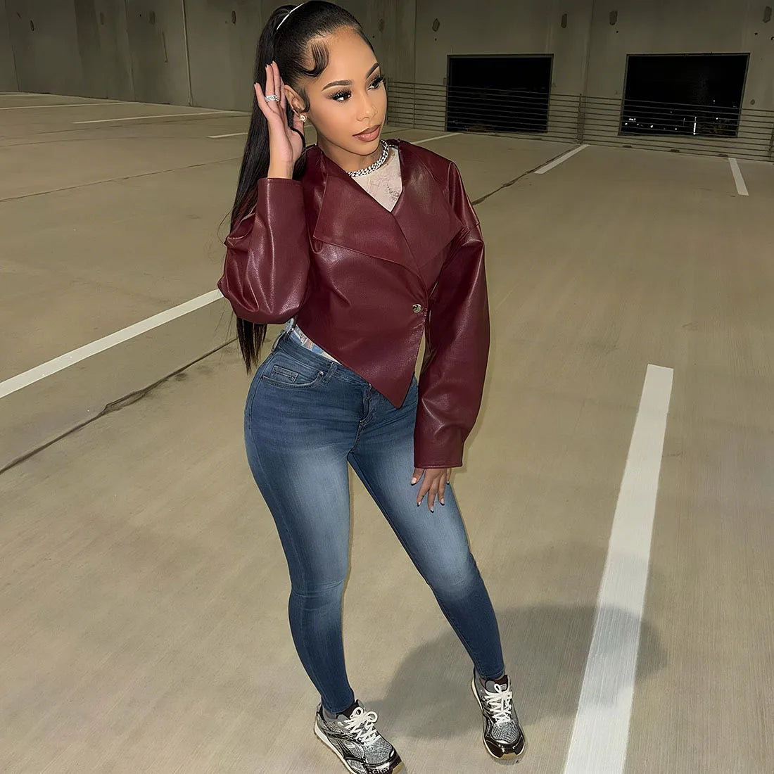 Women's PU Leather Cropped Jacket - Asymmetrical Single Button Coat