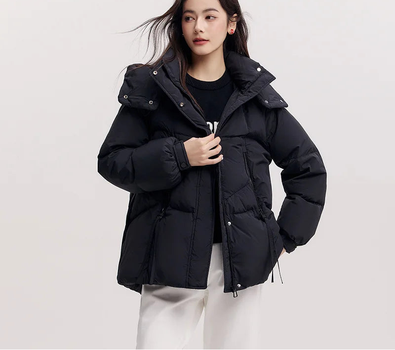 Mid-Length Loose Fit Hooded Down Jacket - Women's Textured Winter Coat