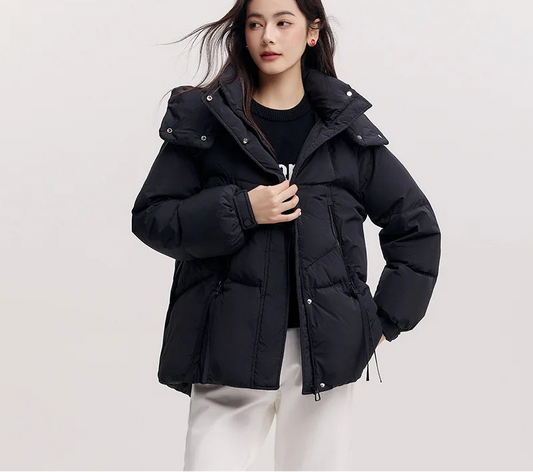 Mid-Length Loose Fit Hooded Down Jacket - Women's Textured Winter Coat