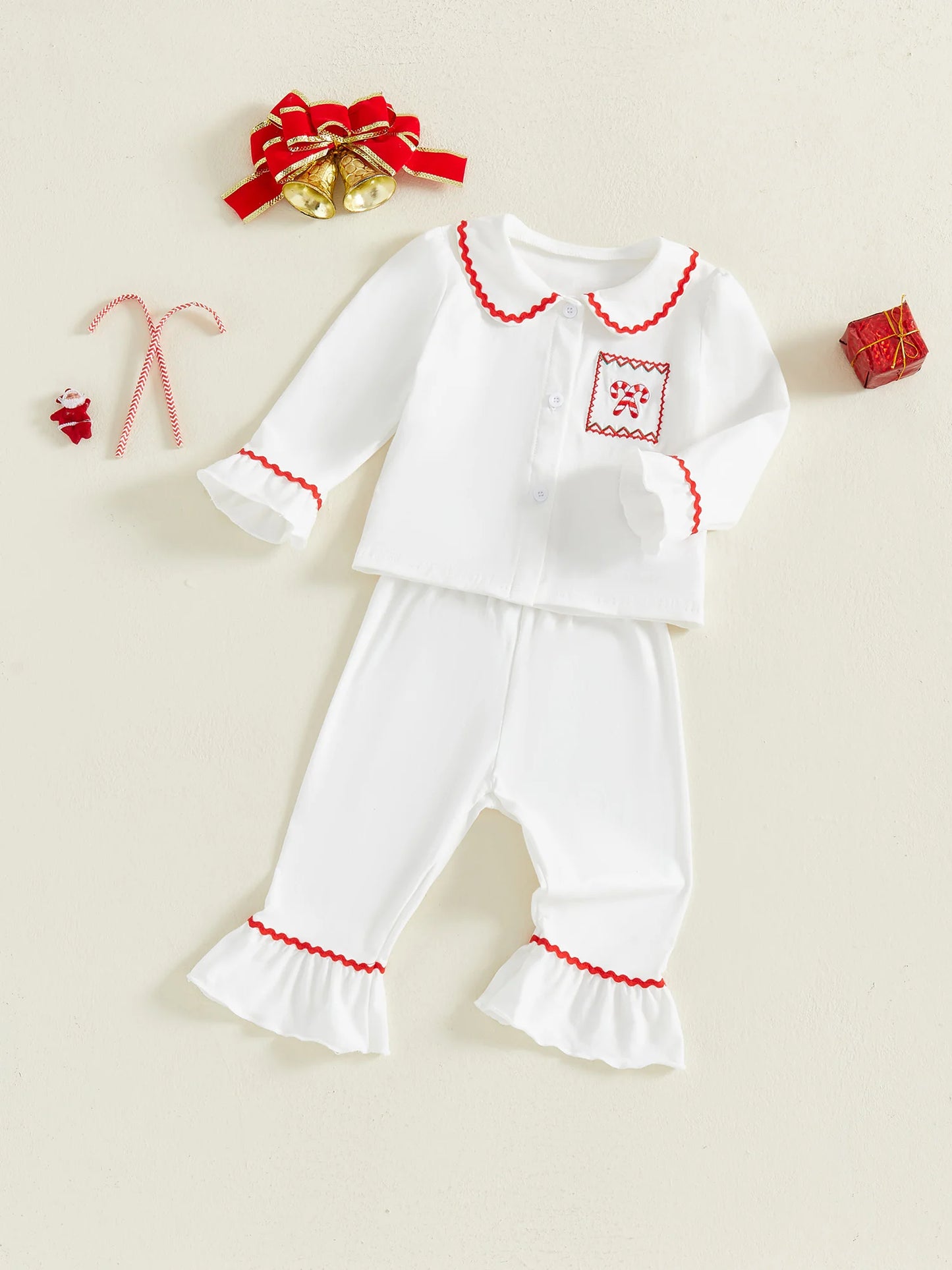 Toddler Girls Christmas Pajamas Set - Candy Cane Long Sleeve Top & Elastic Waist Pants (0-4Y)