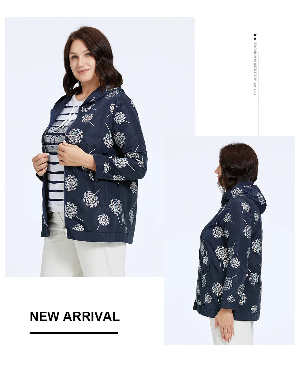 Women's Oversized Hooded Flower Print Zip Windbreaker Jacket