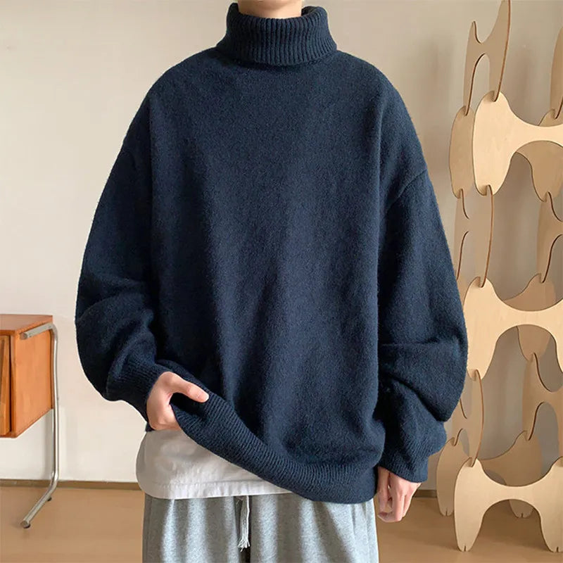 Autumn Loose Turtleneck Sweater - Solid Color Knit Pullover