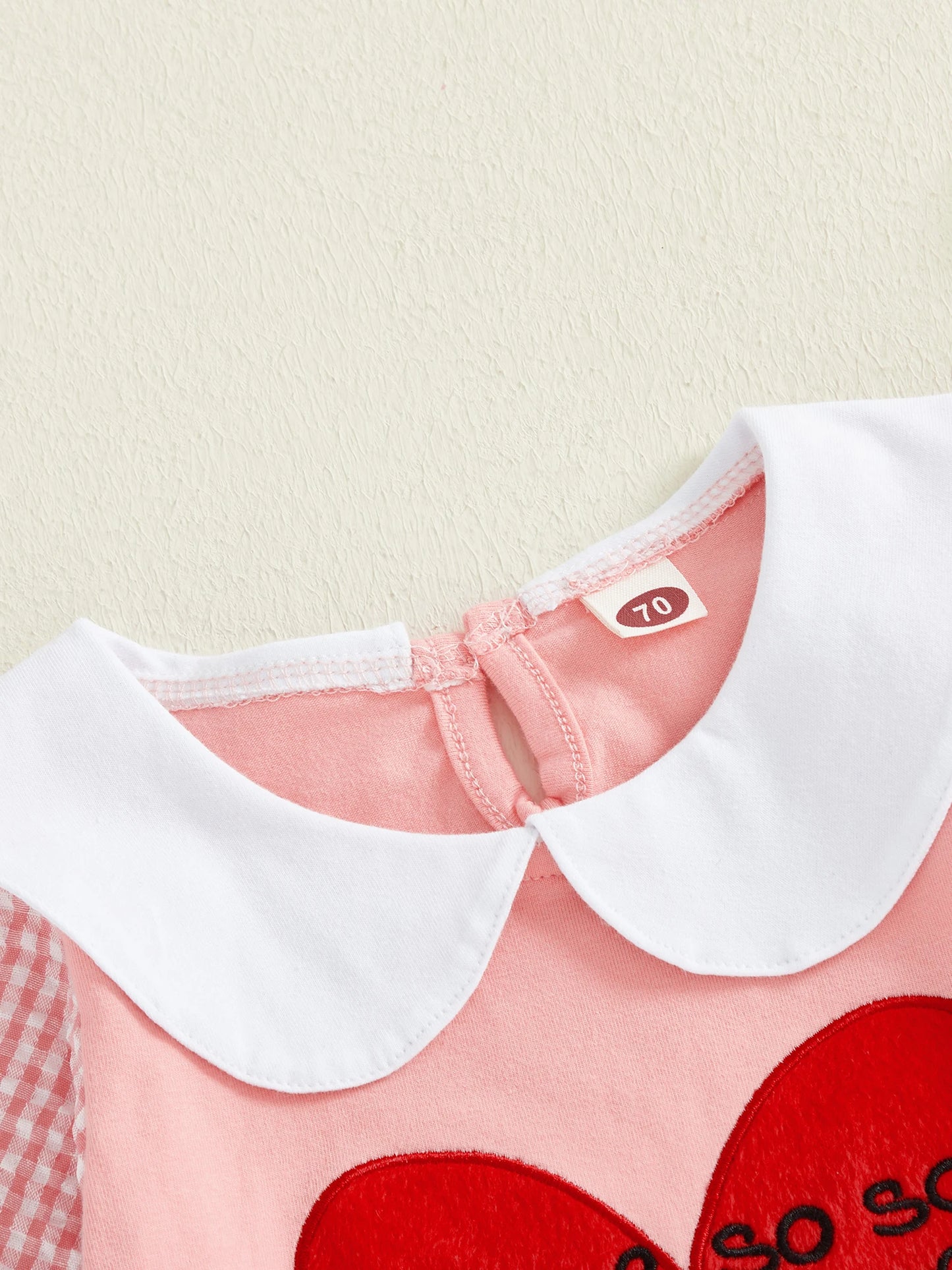 Baby Girls Boys Valentine's Day Letter Heart Embroidery Plaid Long Sleeve Doll Collar Romper