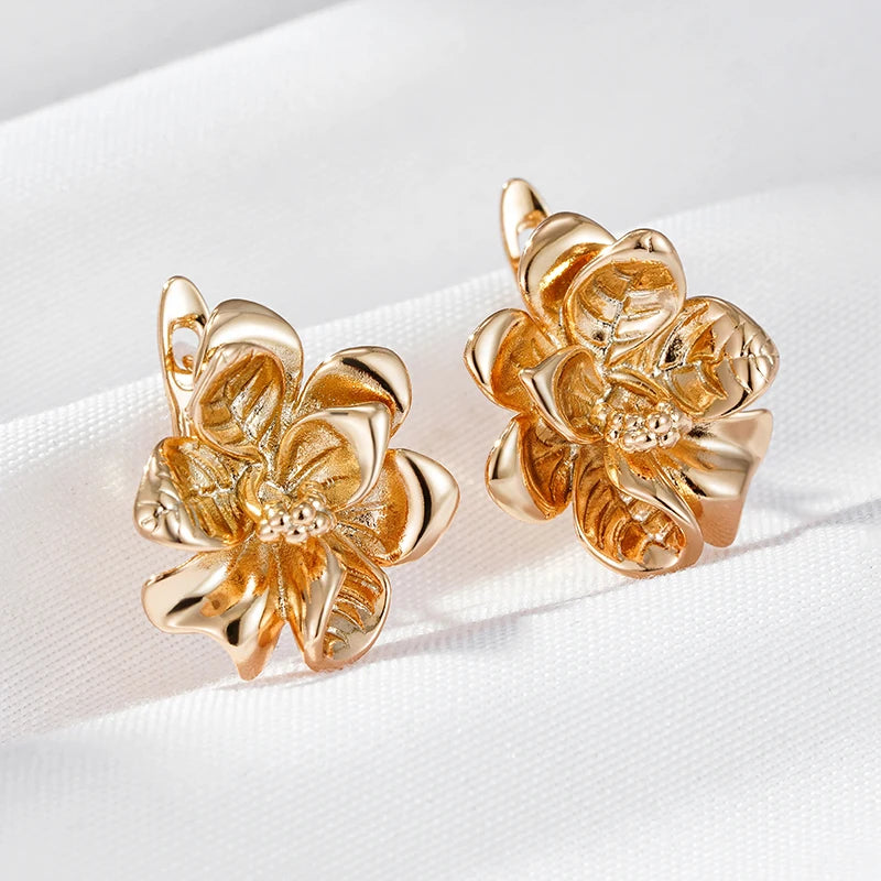 Unique Glossy Metal Flower Dangle Earrings - Rose Gold
