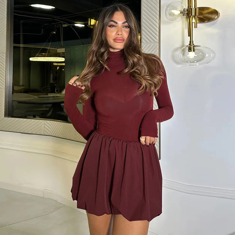 Women's Turtleneck Bud Mini Long Sleeve High Waist A-Line Dress