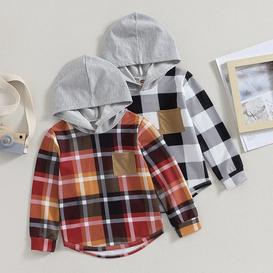 3-7Y Autumn Toddler Kids Boys  Hooded T Shirts Plaid Patchwork Long Sleeve Pullover Tops with Pocket