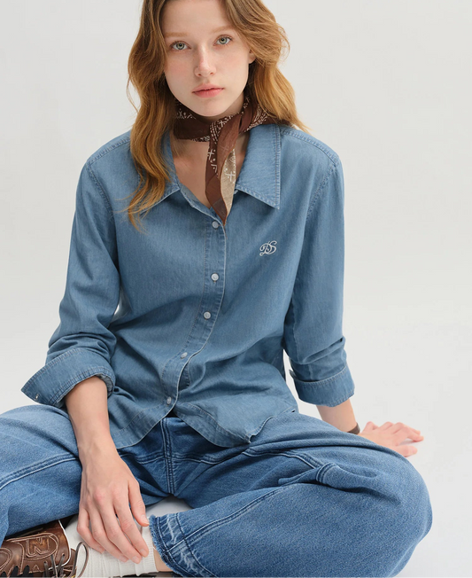 Women's Plus Size Double Collar Denim Shirt - French Style Autumn Top