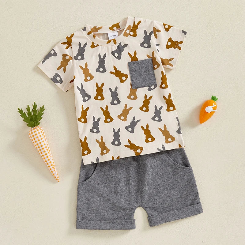 Toddler Baby Boys' Easter Outfit Set - Rabbit Print Short Sleeve T-Shirt & Shorts with Pockets 2pcs