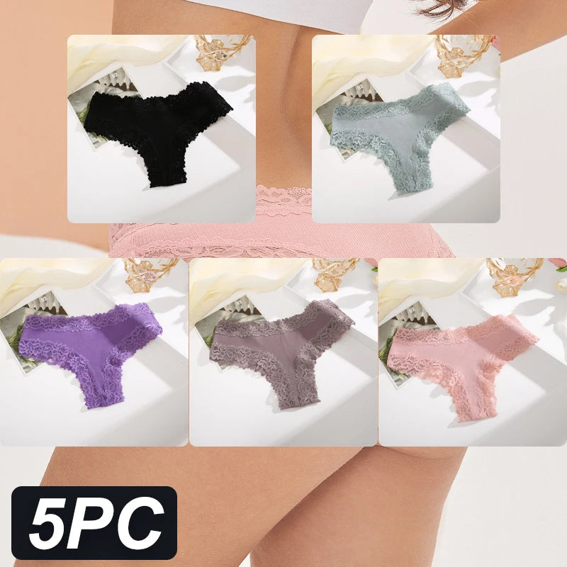 5PCS Women Cotton Lace Underwear Low Waist Briefs Breathable G-String Lingerie