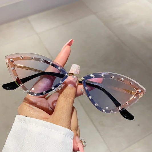 Women's Rimless Vintage Cat Eye Sunglasses with Rhinestones