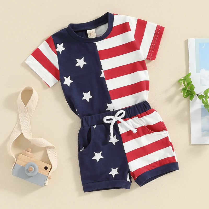 0-3Y Infant Baby Boys Clothes Sets American Flag Outfit Short Sleeve Stars Stripes Print T-Shirt and Shorts