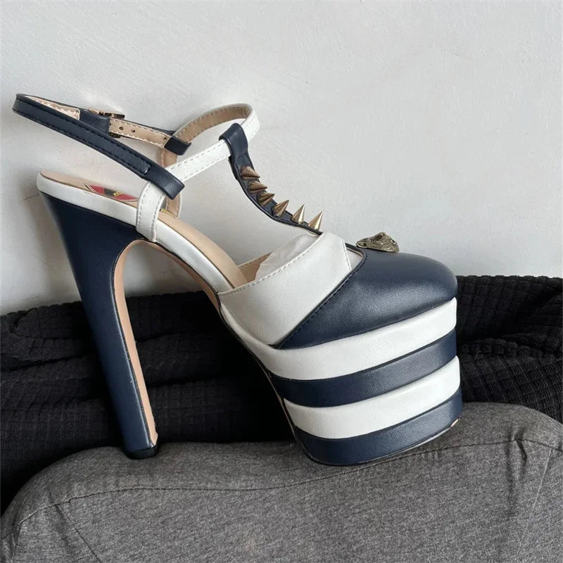 Women's Leather Platform Sandals - Wedge Heel Rivet T-Strap Sandals