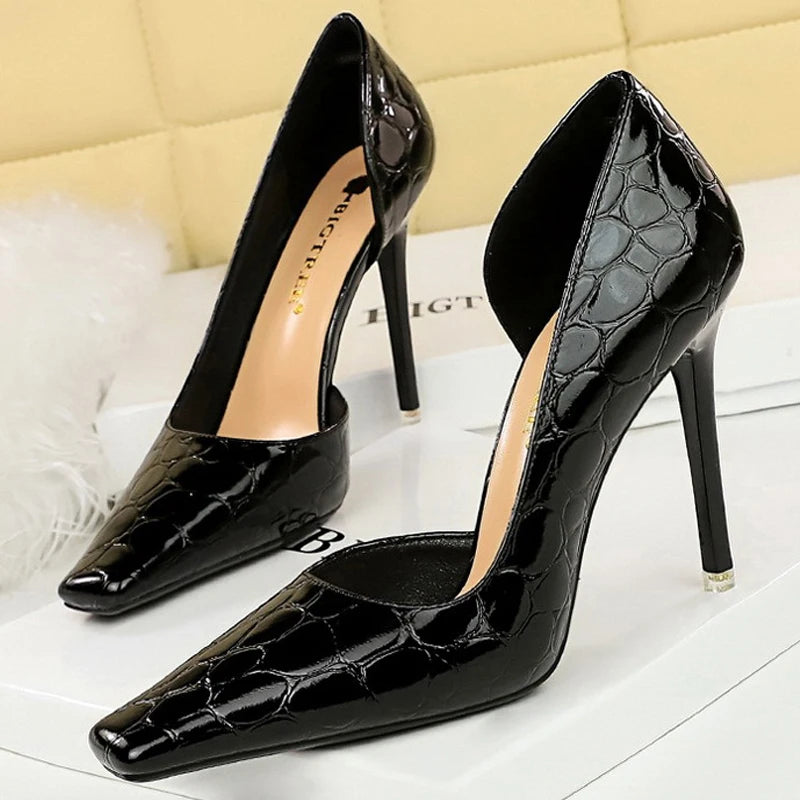Women's Patent Leather Stone Pattern High Heels Square Head Stilettos Shoes