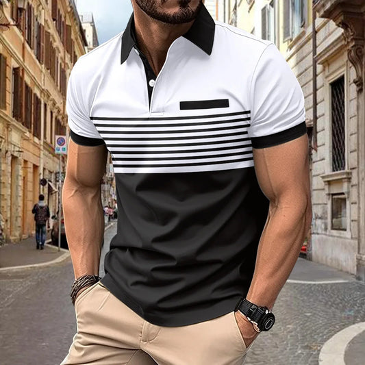 Men's Summer Polo Patchwork Short Sleeve Smart Casual Striped Turn Down Collar Shirt