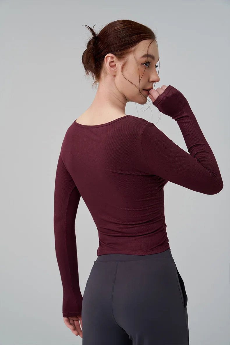 Ribbed Gym Top - Long Sleeve Drape Sides Yoga Shirt with Dry Fit