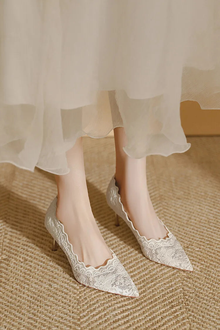 Embroidered Bridal Heels - Pointed Toe Wedding Pumps with 6.5cm Heel