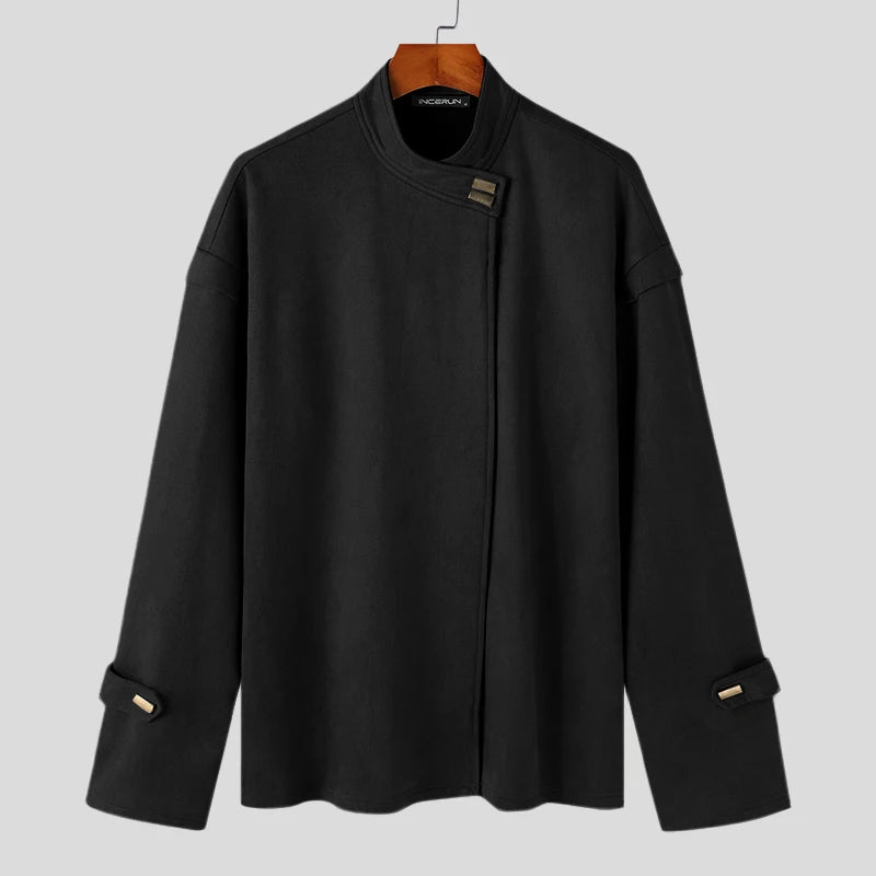 Men's Solid Simple Metal Buckle Design Jacket Coat Long Sleeved Jacket