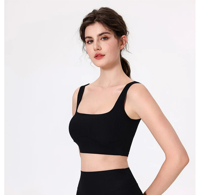 Women's High Impact Fitness Yoga Bra Soft Sports Underwear Square Neckline Gym Crop Top Breathable Workout Top