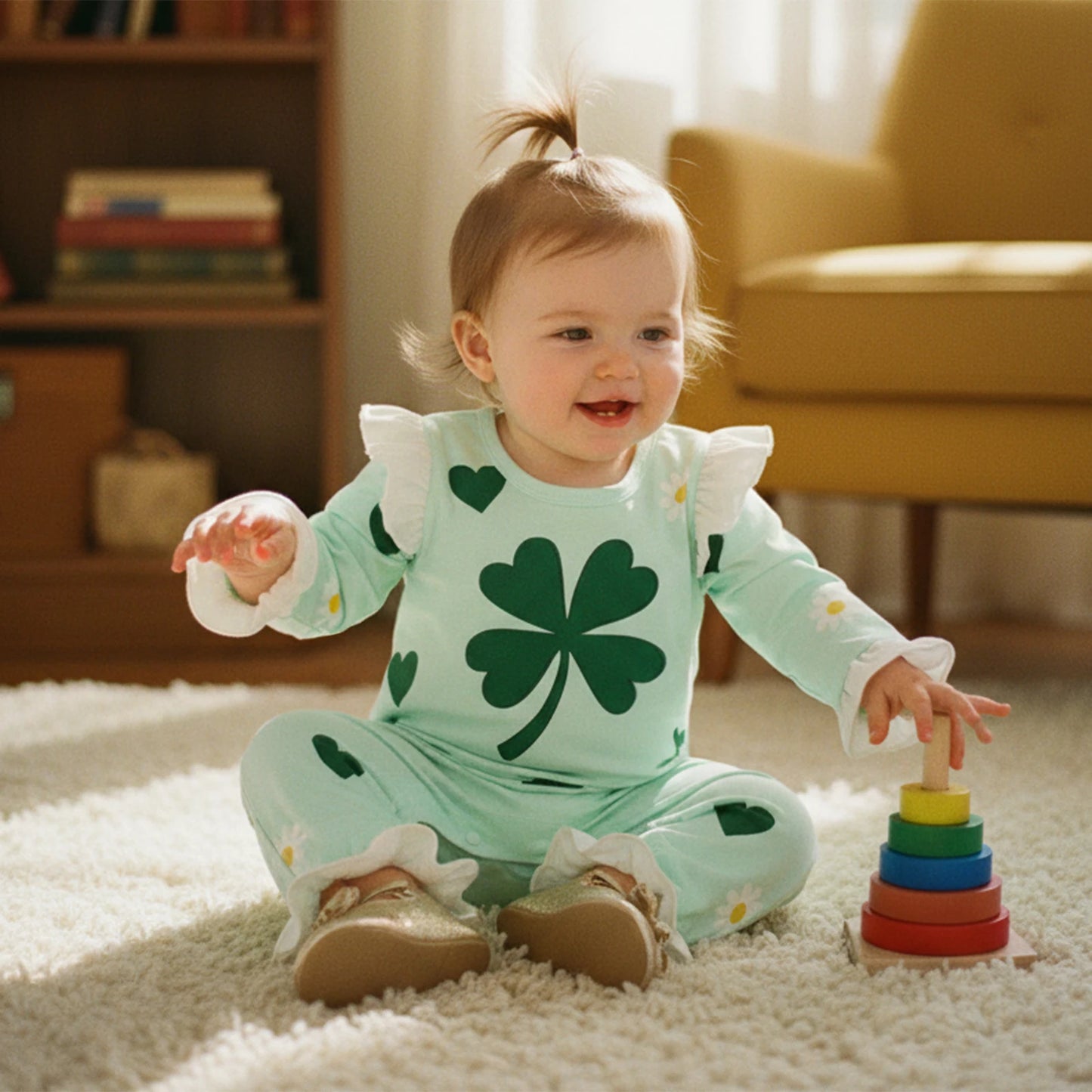 Baby Girls Boys Shamrock Print Romper - Long Sleeve Full Length Jumpsuit 0-18M