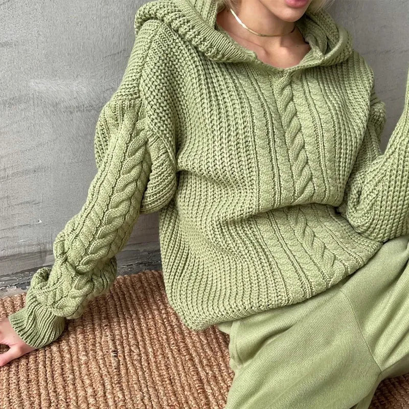 Women's Knitted Hoodie Loose Long Sleeve Pullover Sweater