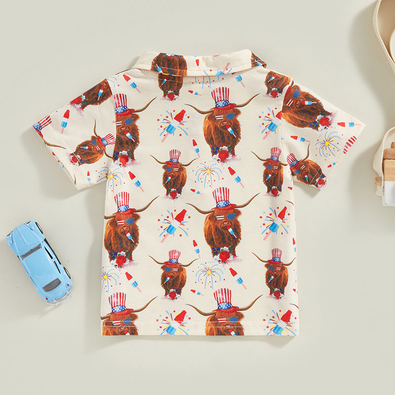 0-4Y Toddler Kids Boys T Shirt Short Sleeve Eagle/Donut/Bull/Fireworks Print Pullover Tops for Independence Day