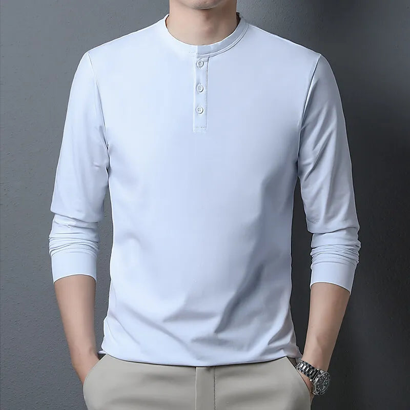 Men's Cotton Henry Collar T-Shirt - Smart Casual Slim Fit Breathable Tee