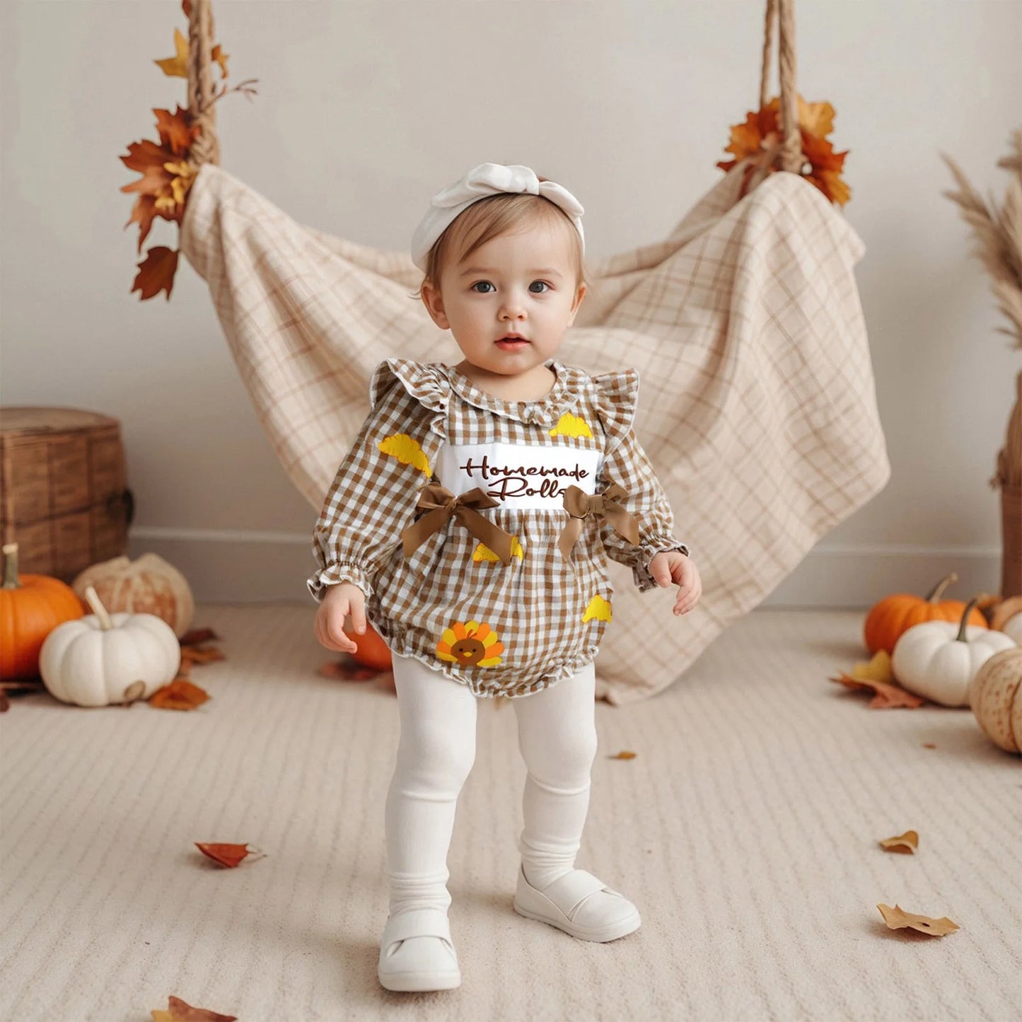 Baby Thanksgiving Romper - Long Sleeve Plaid Print Turkey Embroidery Bubble Jumpsuit
