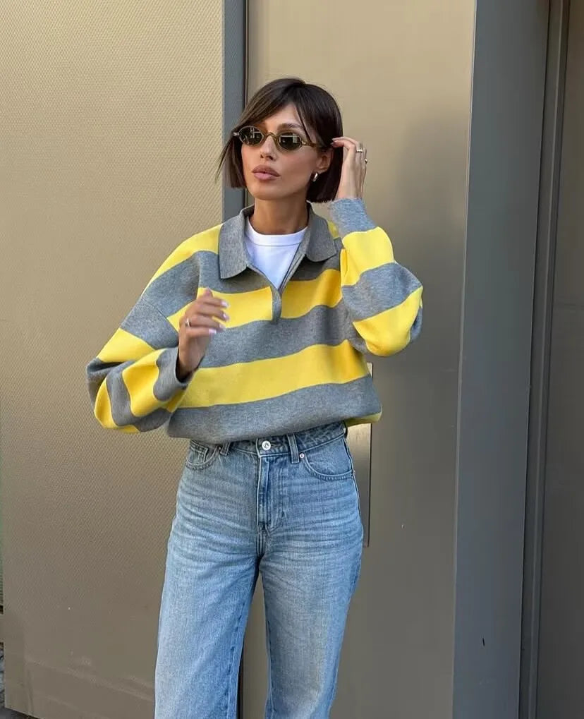 Striped Knit Polo Neck Sweater