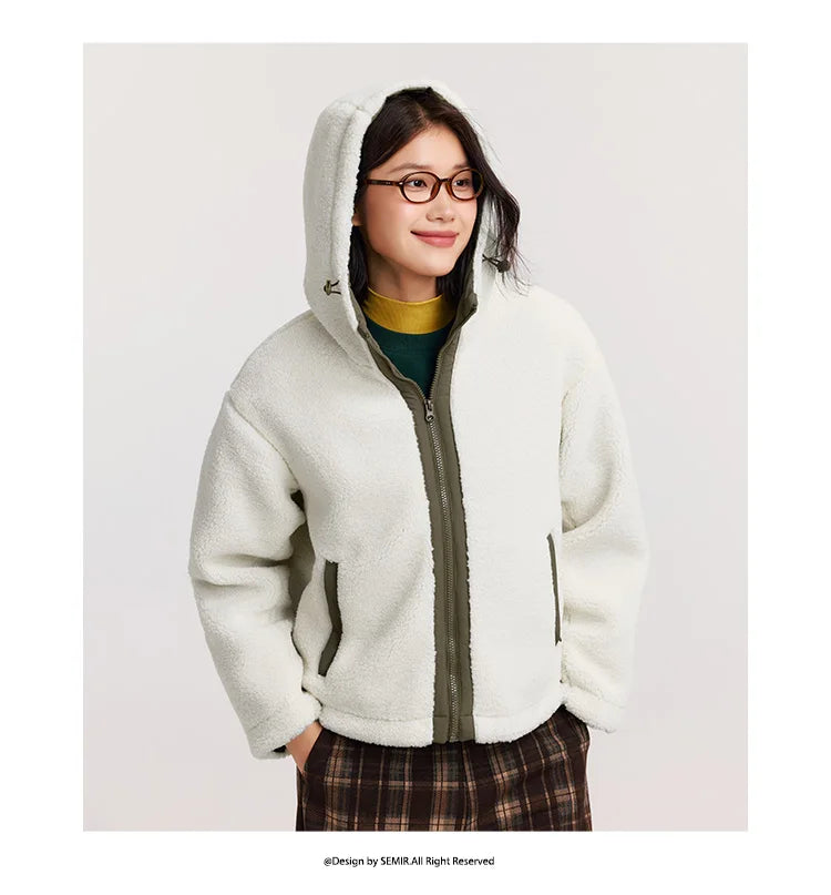 Women's Anti-Static Faux Sherpa Hooded Jacket - Loose Fit Color Block Winter Coat