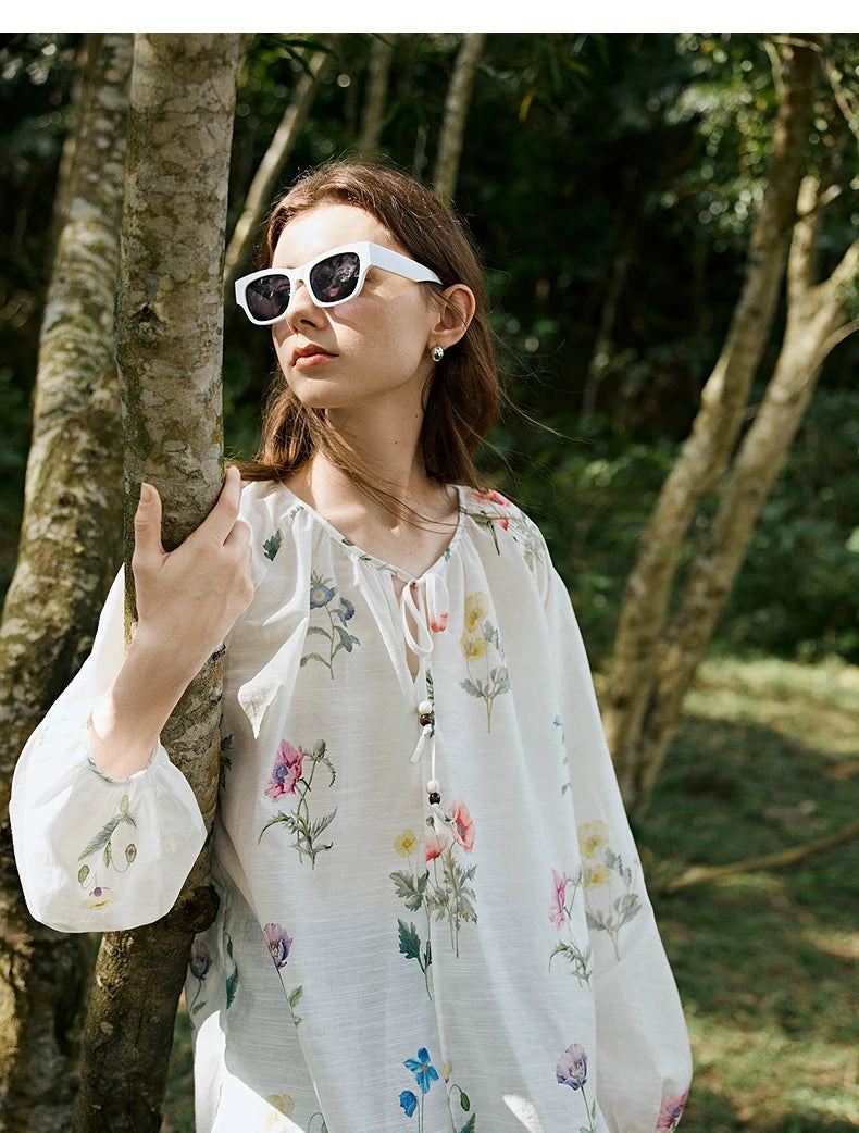 Women's Linen Blend Floral Print Blouse | Lantern Sleeves | O-Neck | Loose Fit | White | Spring Summer