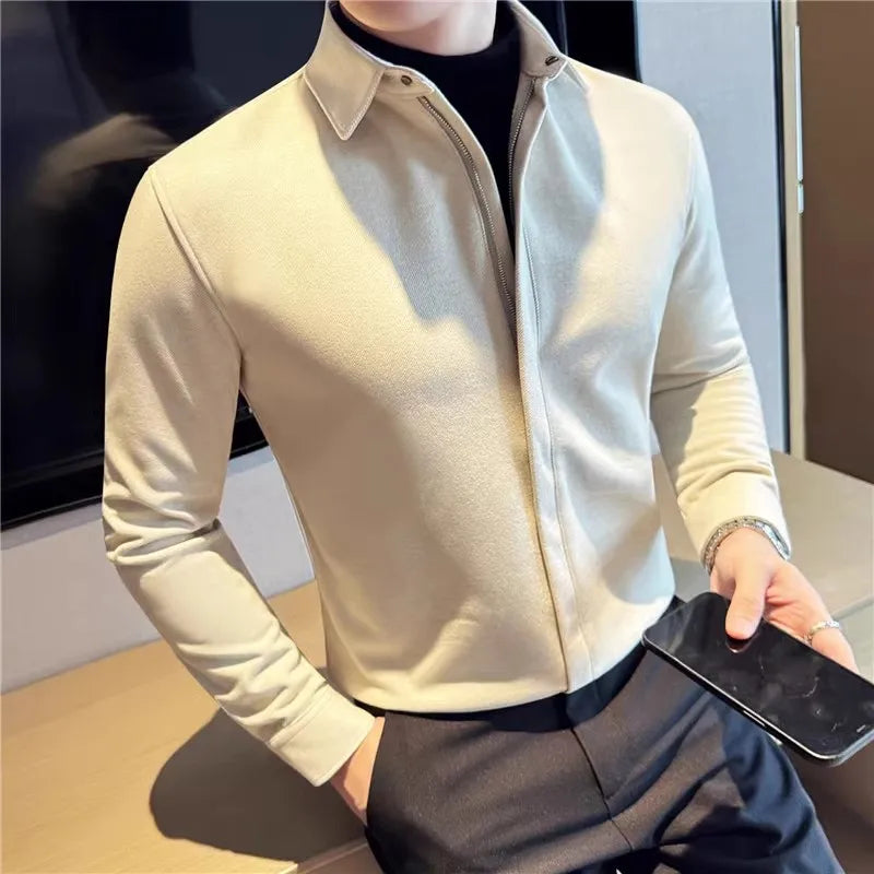 Men's Winter Thick Woolen Zipper Solid Color Turn Down Collar Warm Casual Shirt