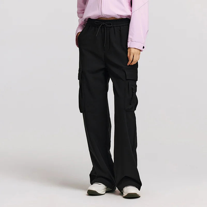 Winter Women's Fleece Wide Leg Pants - Black Cargo Streetwear Casual
